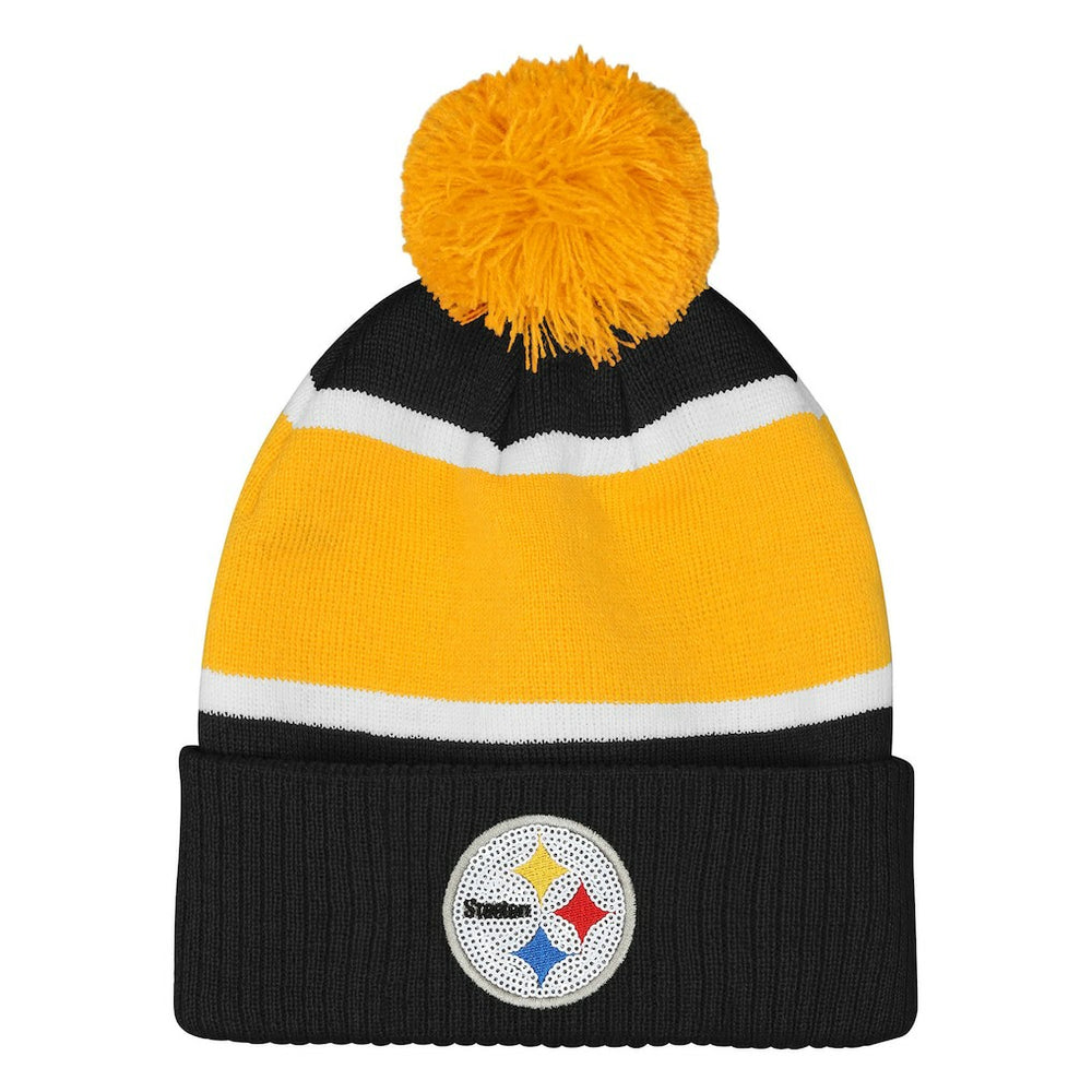 Pittsburgh Steelers Outerstuff Girls Let's Play Cuffed Knit Hat with Pom - Black Hats