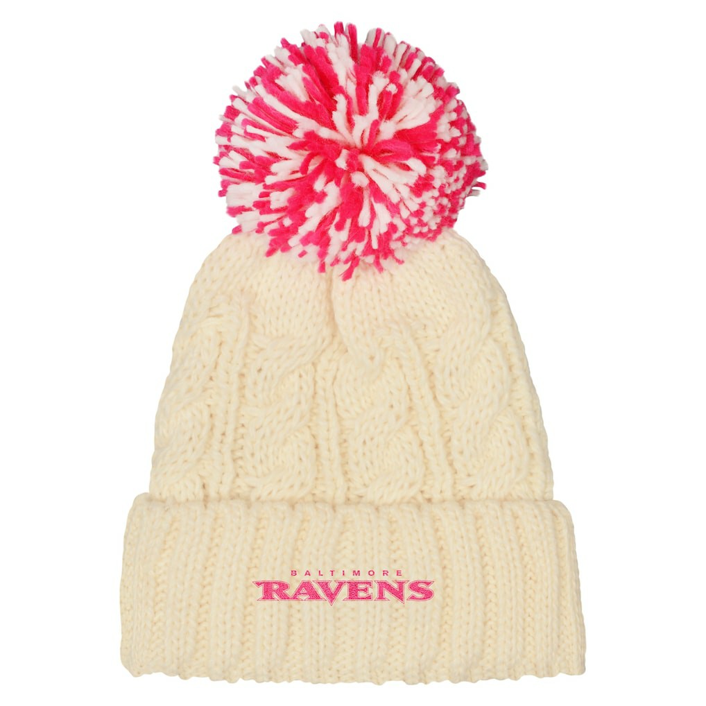 Baltimore Ravens Outerstuff Girls Cable Cuffed Knit Hat with Pom - White Hats