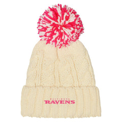 Baltimore Ravens Outerstuff Girls Cable Cuffed Knit Hat with Pom - White Hats