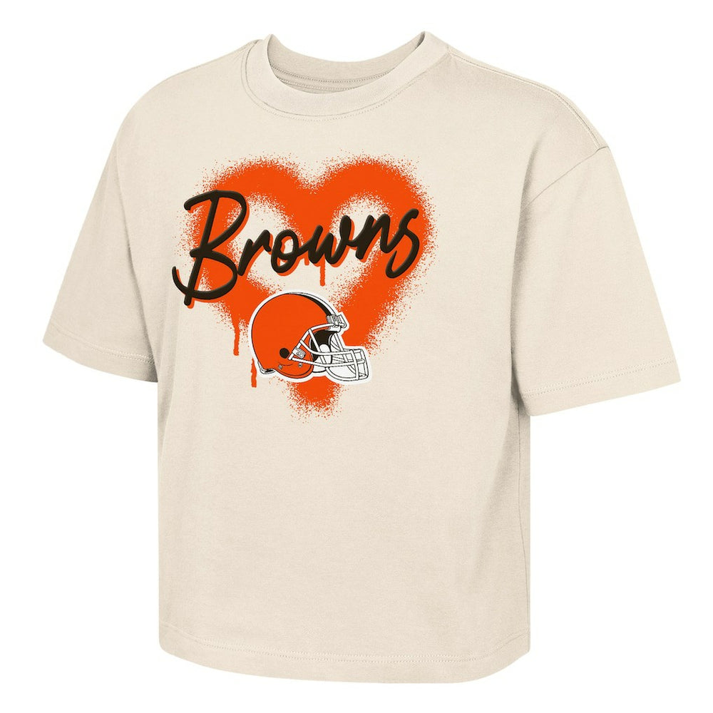 Cleveland Browns Outerstuff Girl's Youth Spray Heart Boxy T-Shirt - Cream T-shirts