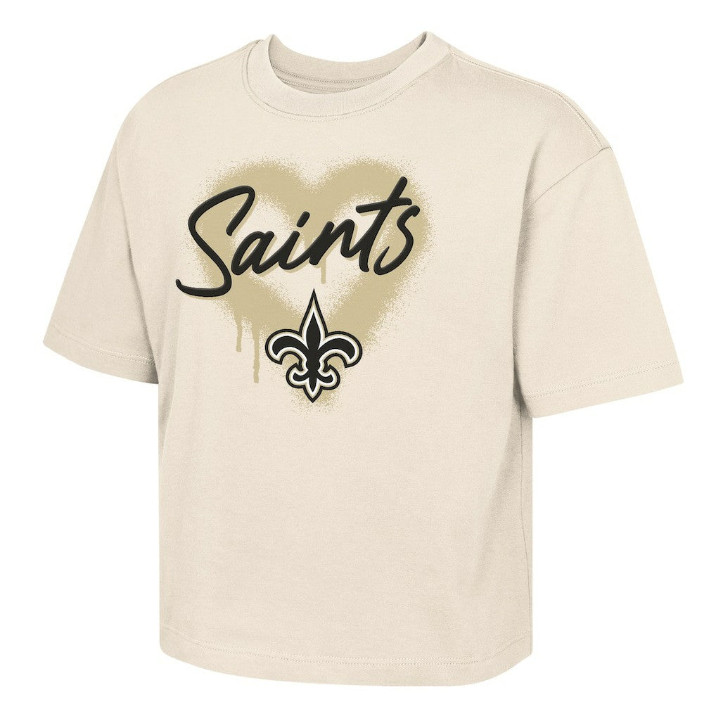 New Orleans Saints Outerstuff Girl's Youth Spray Heart Boxy T-Shirt - Cream T-shirts