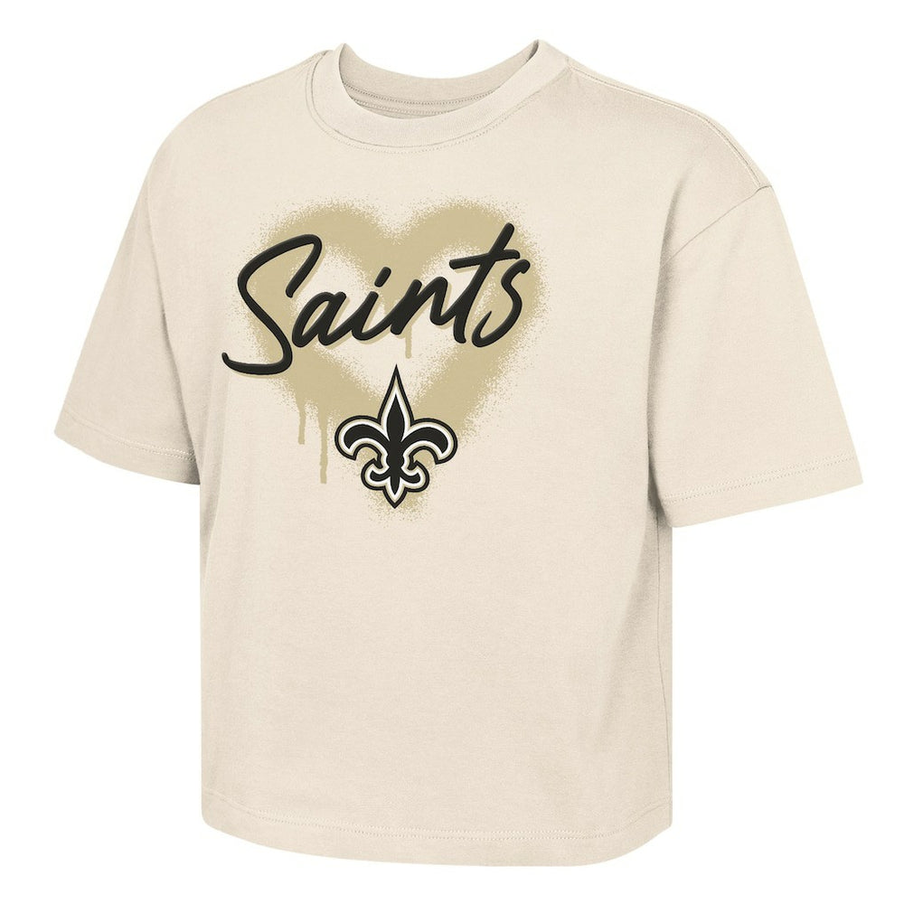 New Orleans Saints Outerstuff Girl's Youth Spray Heart Boxy T-Shirt - Cream T-shirts