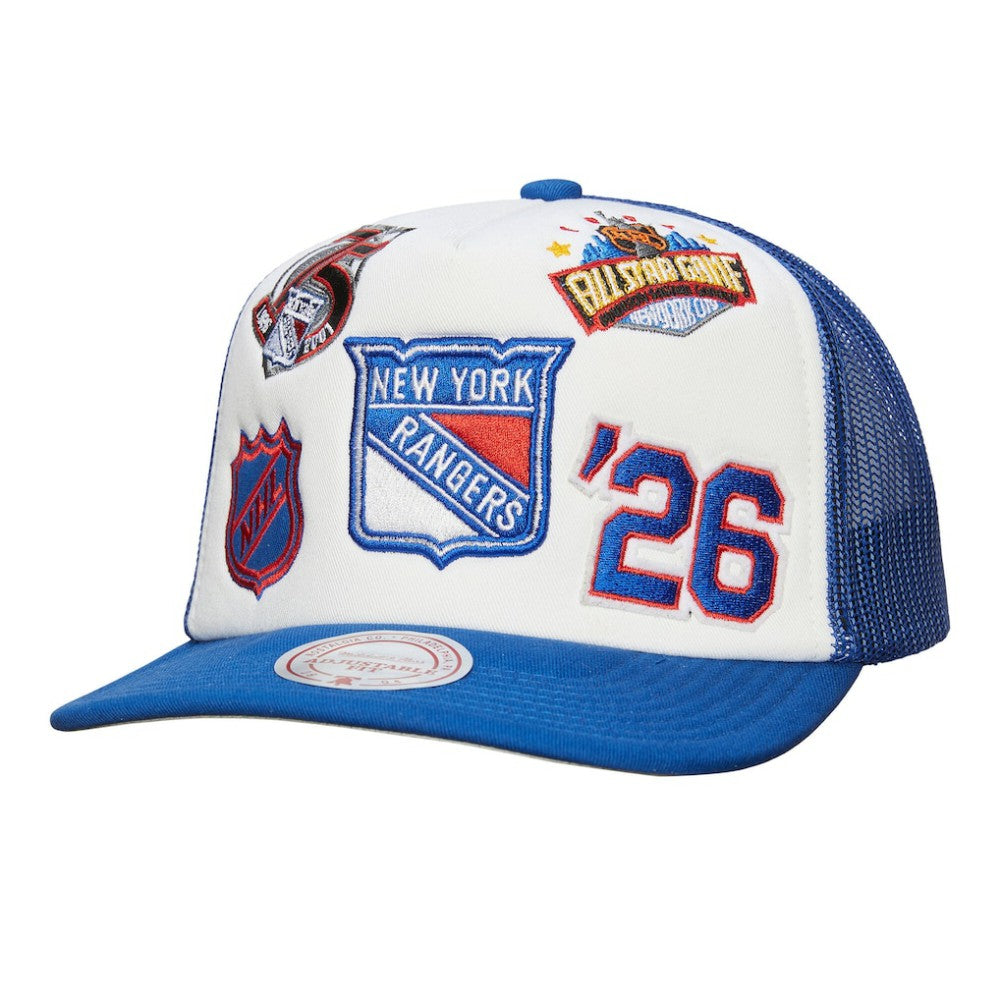 New York Rangers Mitchell & Ness Gridlock Trucker Adjustable Hat - White/Blue | US 202545037