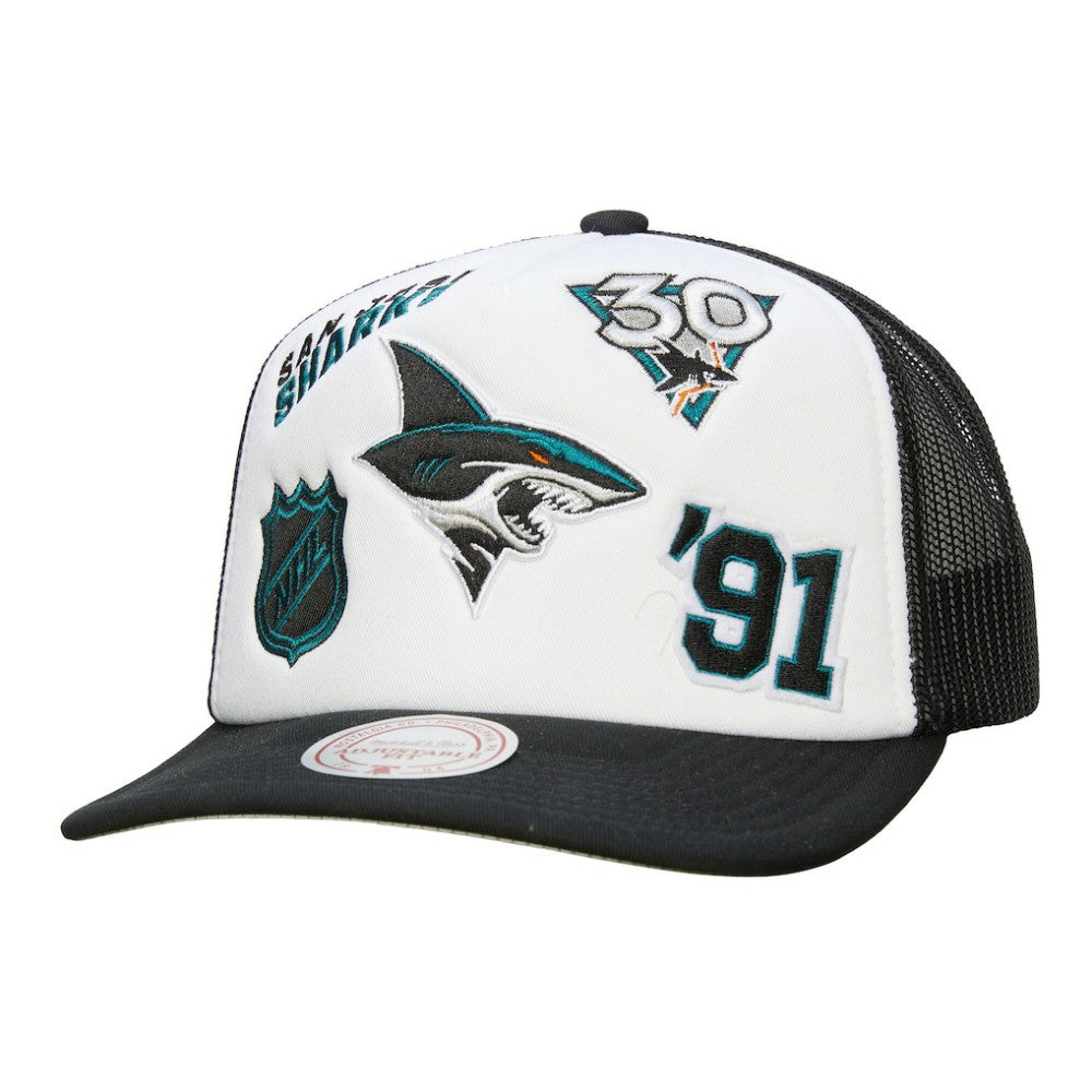 San Jose Sharks Mitchell & Ness Gridlock Trucker Adjustable Hat - White/Black | US 202545040
