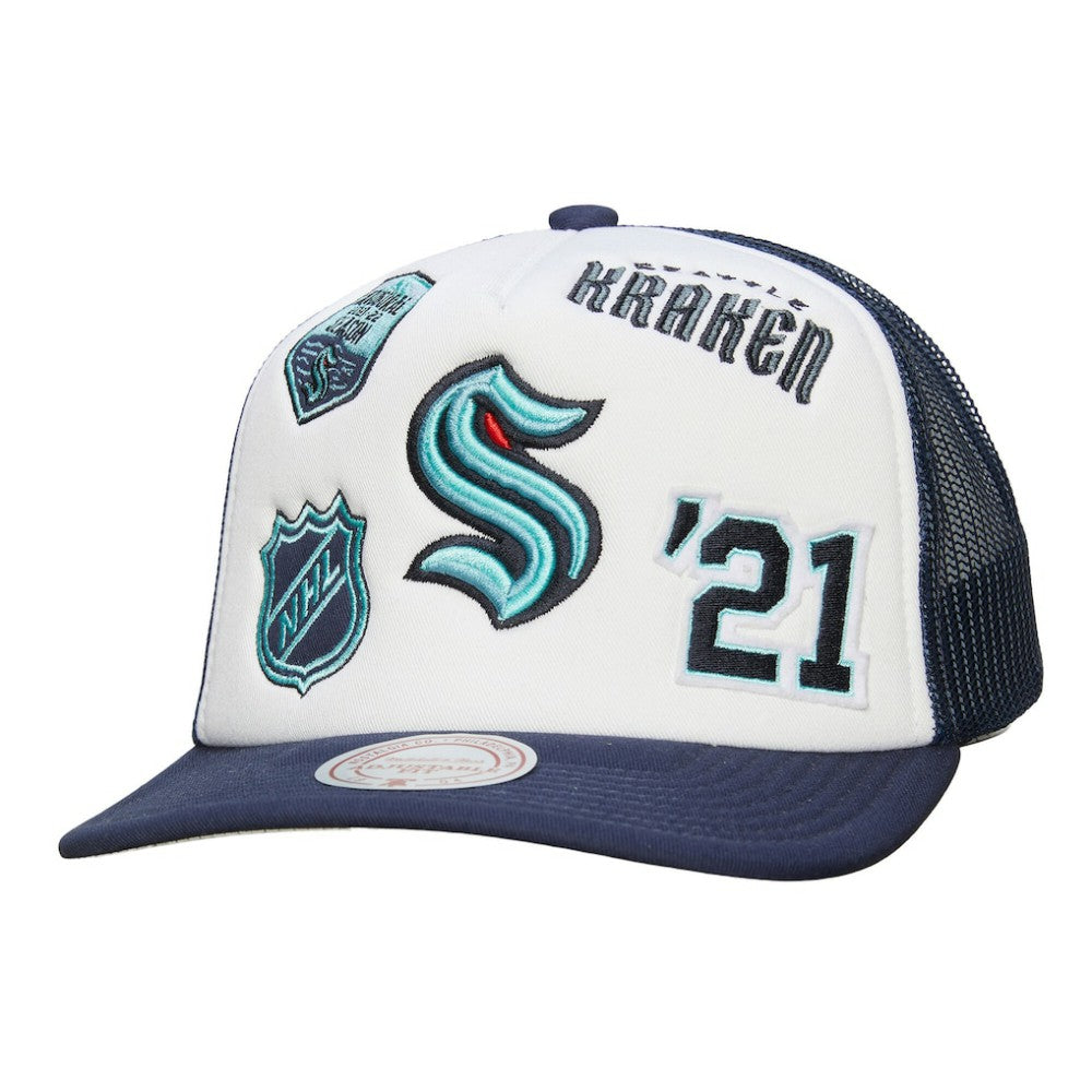 Seattle Kraken Mitchell & Ness Gridlock Trucker Adjustable Hat - White/Deep Sea Blue | US 202545041
