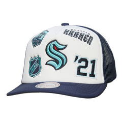 Seattle Kraken Mitchell & Ness Gridlock Trucker Adjustable Hat - White/Deep Sea Blue | US 202545041
