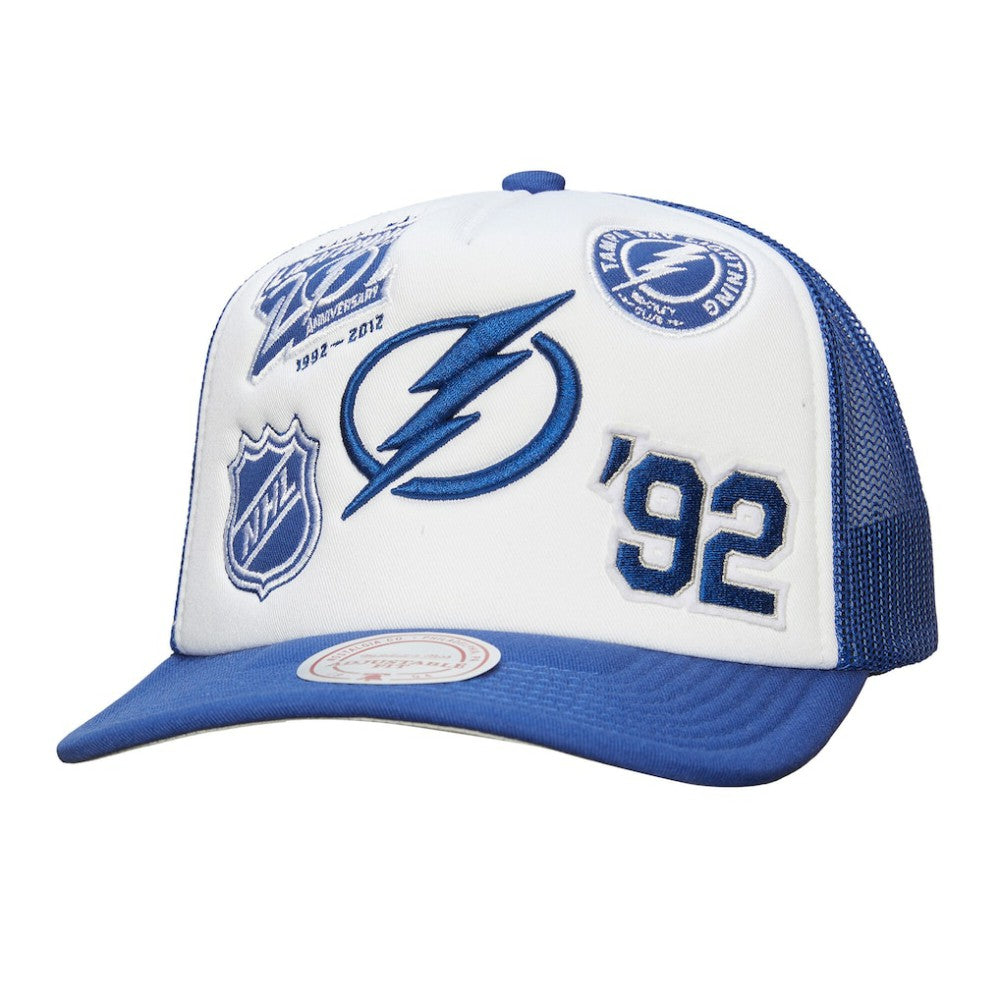 Tampa Bay Lightning Mitchell & Ness Gridlock Trucker Adjustable Hat - White/Blue | US 202545042