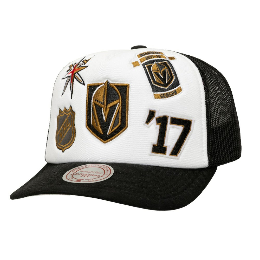 Vegas Golden Knights Mitchell & Ness Gridlock Trucker Adjustable Hat - White/Black | US 202545044