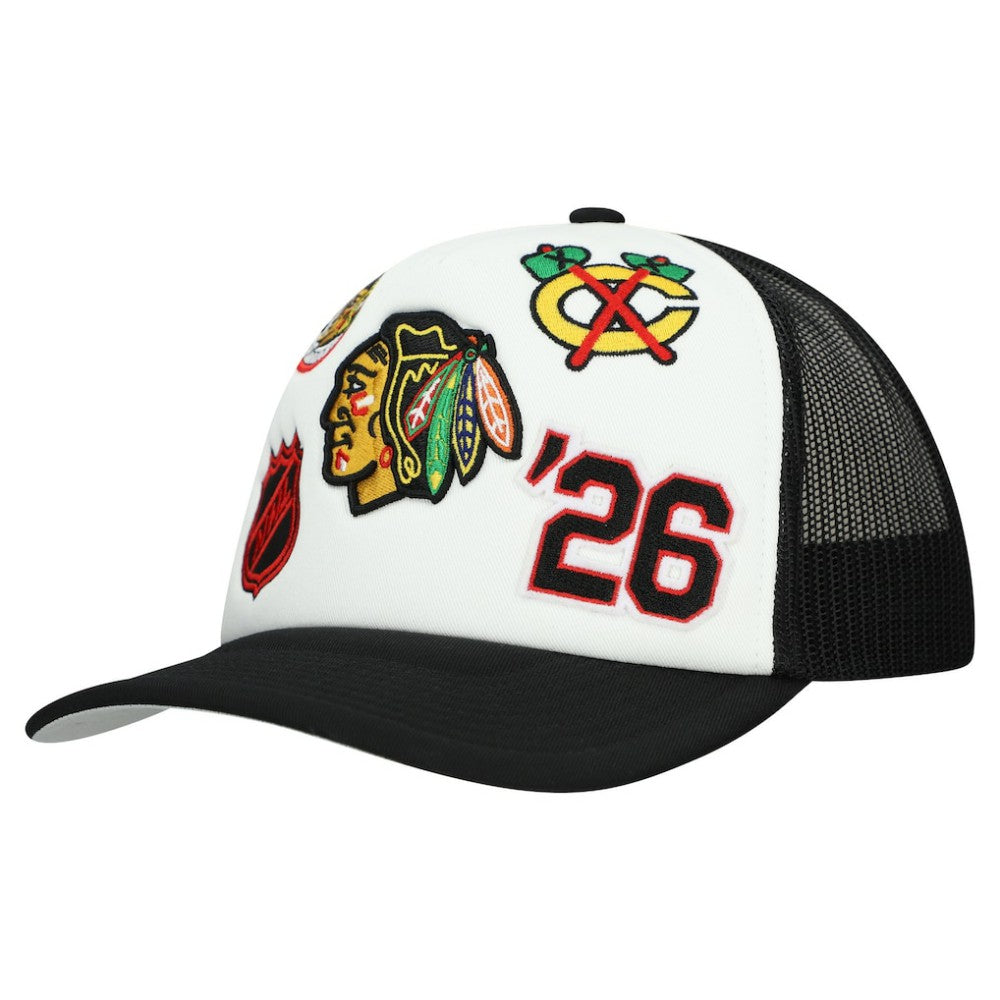 Chicago Blackhawks Mitchell & Ness Gridlock Trucker Adjustable Hat - White/Black | US 202545045