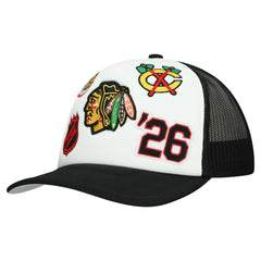 Chicago Blackhawks Mitchell & Ness Gridlock Trucker Adjustable Hat - White/Black | US 202545045