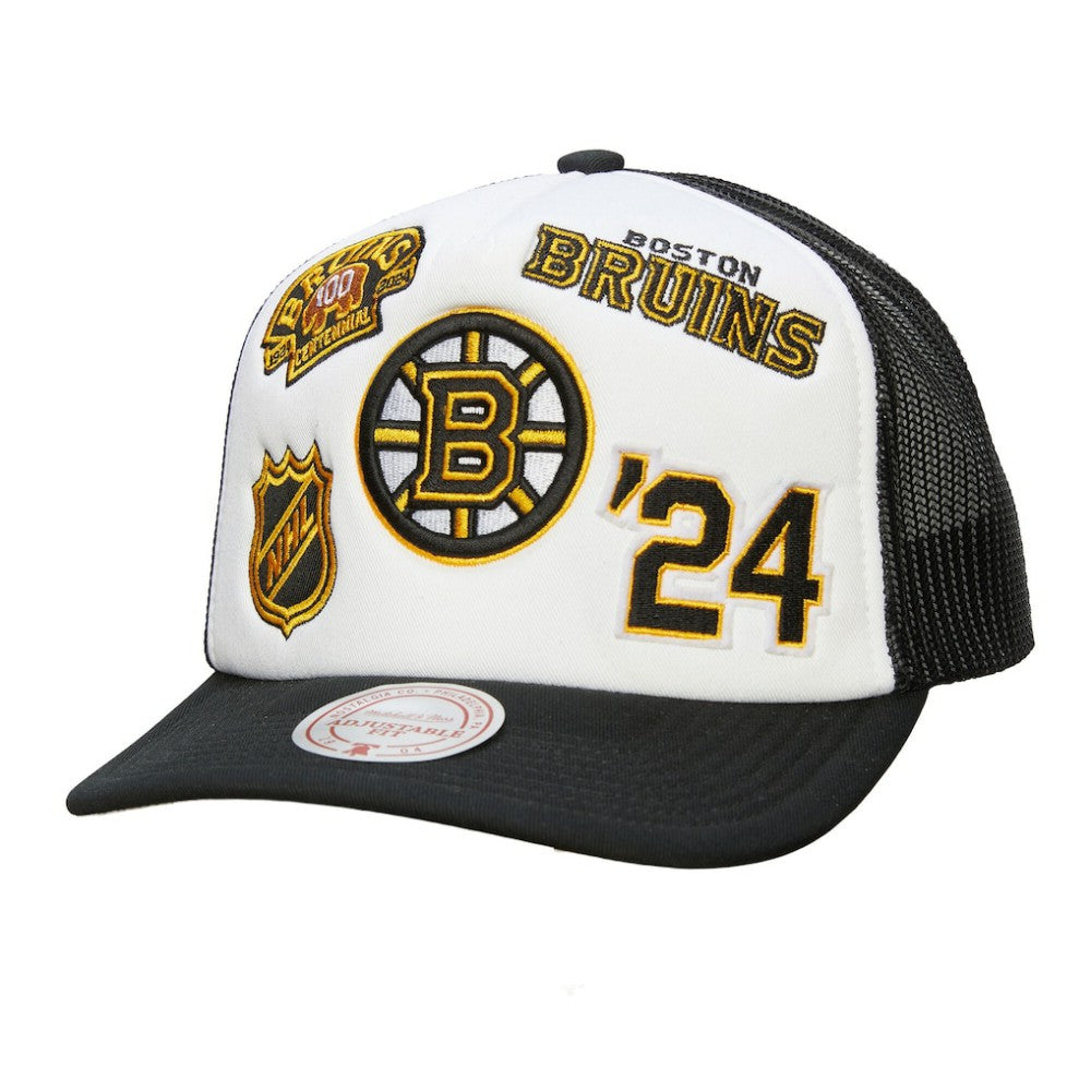 Boston Bruins Mitchell & Ness Gridlock Trucker Adjustable Hat - White/Black | US 202545052