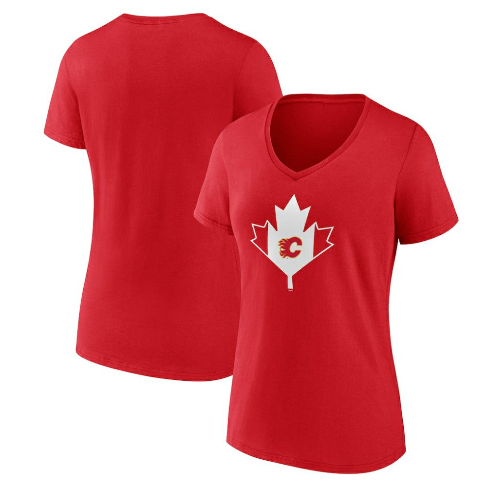 Calgary Flames Women's Canada Day V-Neck T-Shirt - Red | US 202545424