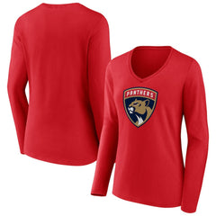 Florida Panthers Women's Primary Logo Long Sleeve V-Neck T-Shirt - Red | US 202545483