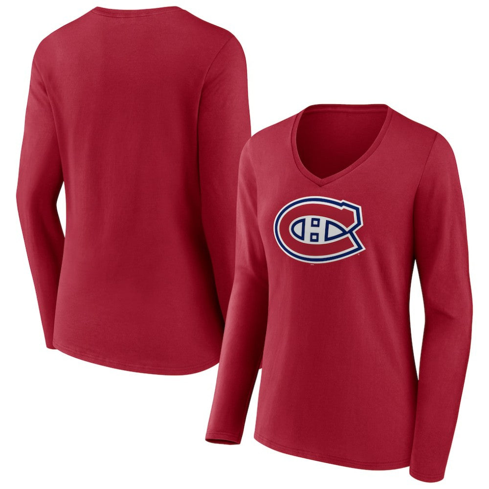 Montreal Canadiens Women's Primary Logo Long Sleeve V-Neck T-Shirt - Red | US 202545507