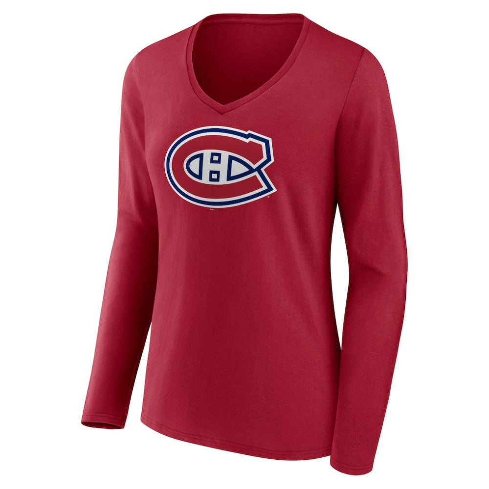 Montreal Canadiens Women's Primary Logo Long Sleeve V-Neck T-Shirt - Red | US 202545507