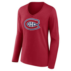 Montreal Canadiens Women's Primary Logo Long Sleeve V-Neck T-Shirt - Red | US 202545507