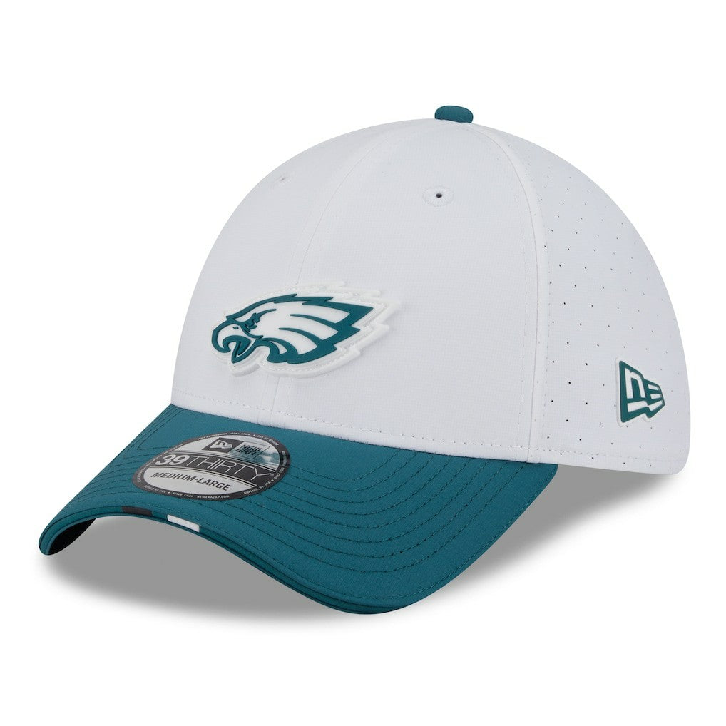 Philadelphia Eagles New Era 2025 NFL Training Camp 39THIRTY Flex Hat - White/Midnight Green Hats