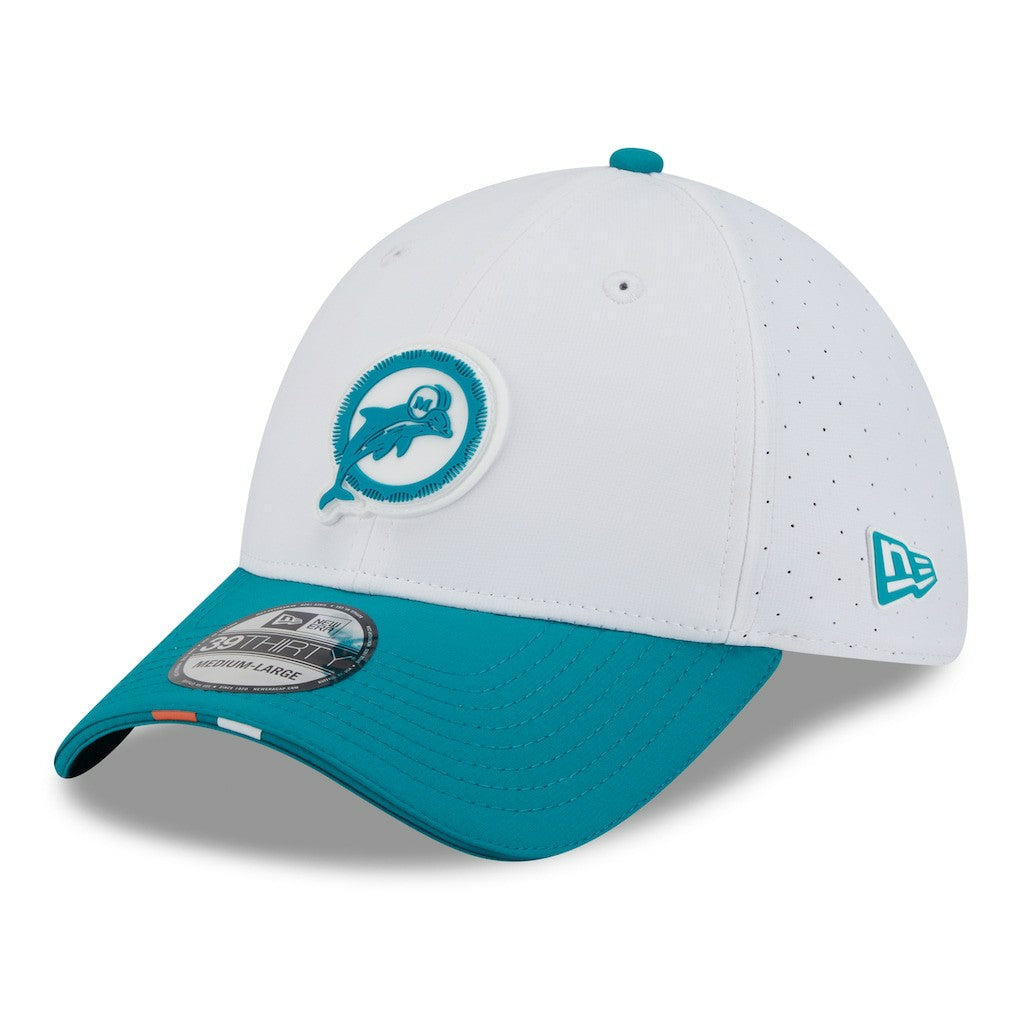 Miami Dolphins New Era 2025 NFL Training Camp Throwback Logo 39THIRTY Flex Hat - White/Aqua Hats