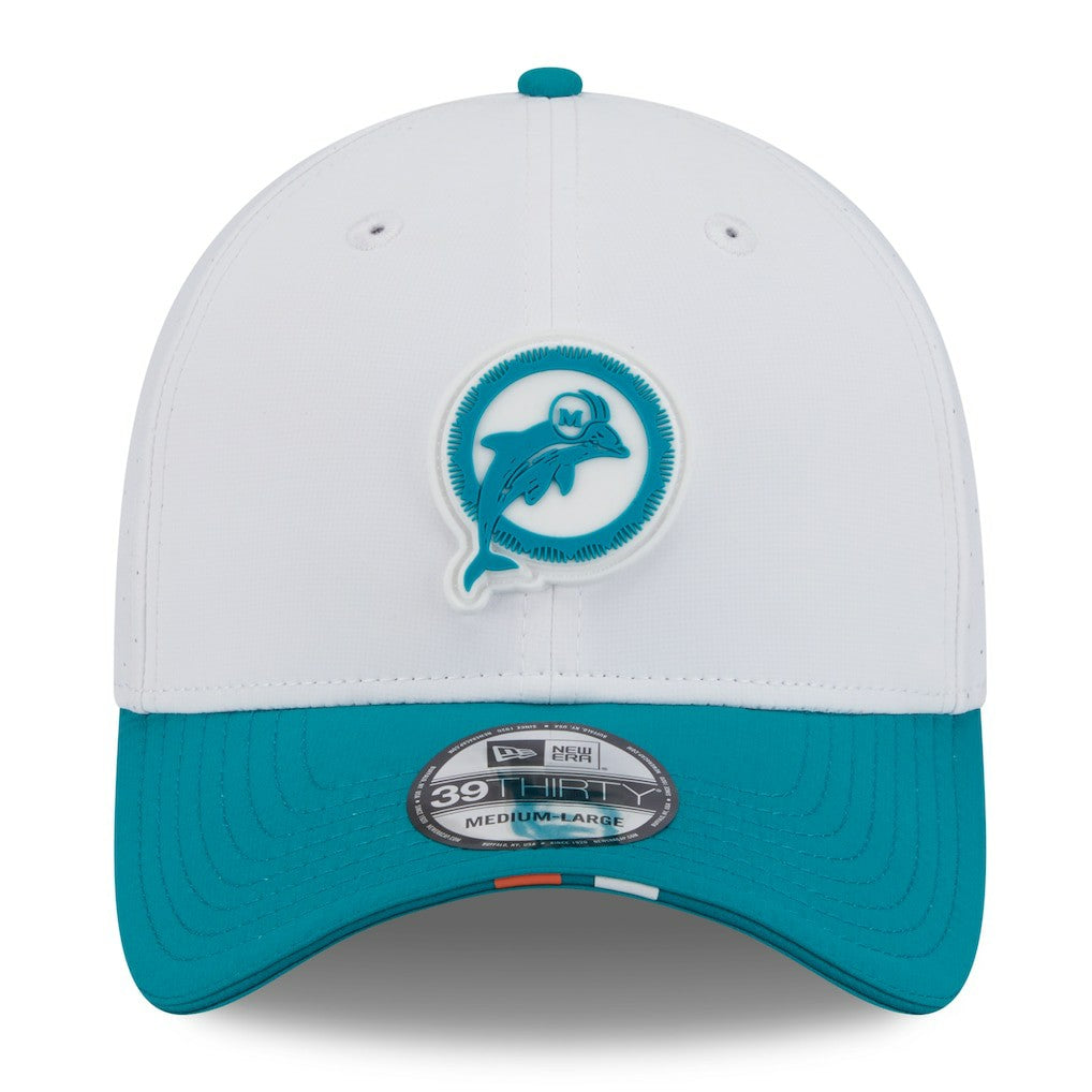 Miami Dolphins New Era 2025 NFL Training Camp Throwback Logo 39THIRTY Flex Hat - White/Aqua Hats