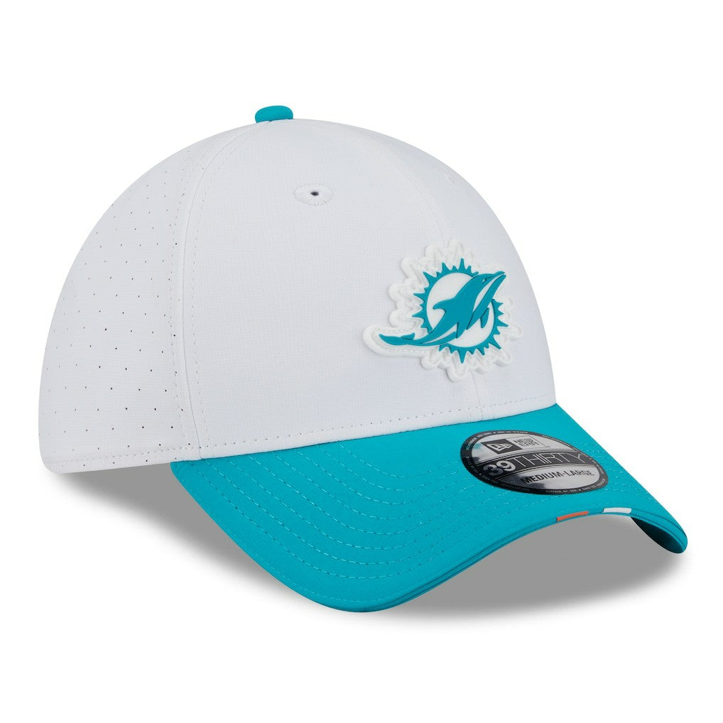 Miami Dolphins New Era 2025 NFL Training Camp 39THIRTY Flex Hat - White/Aqua Hats