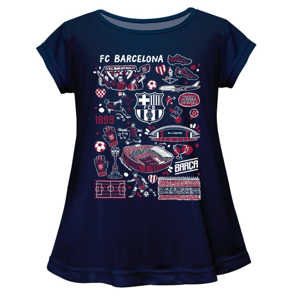 Barcelona Vive La Fete Girls Youth Impressions Artwork A-Line Top Navy