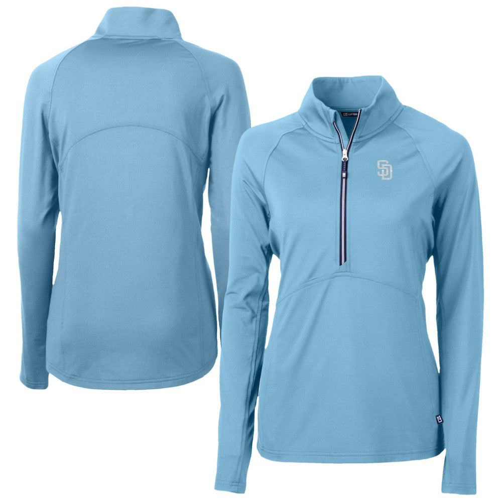 San Diego Padres Cutter & Buck Women's Raglan Adapt Eco Knit Stretch Recycled Half-Zip Top - Powder Blue Tops