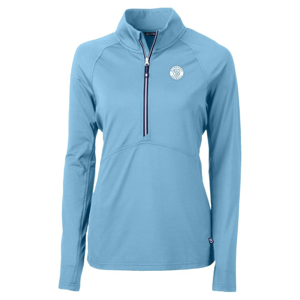 Milwaukee Brewers Cutter & Buck Women's Raglan Adapt Eco Knit Stretch Recycled Half-Zip Top - Powder Blue Tops