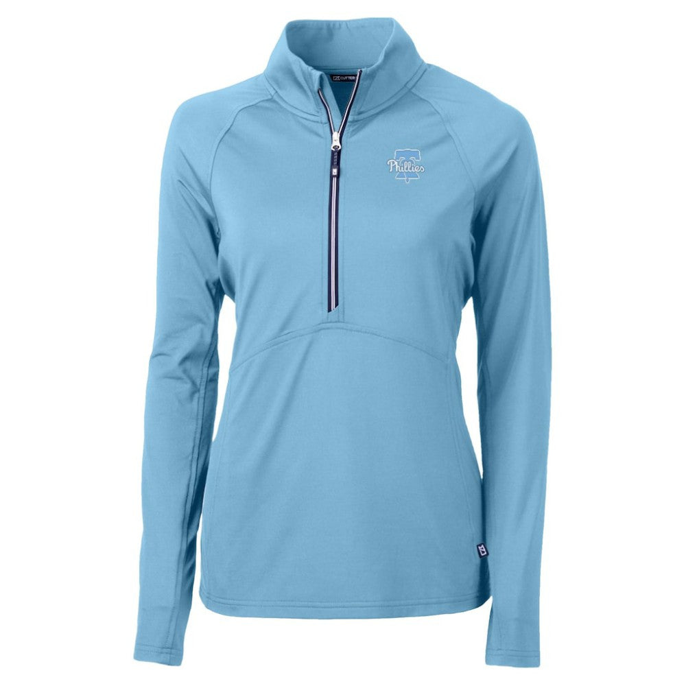 Philadelphia Phillies Cutter & Buck Women's Raglan Adapt Eco Knit Stretch Recycled Half-Zip Top - Powder Blue Tops