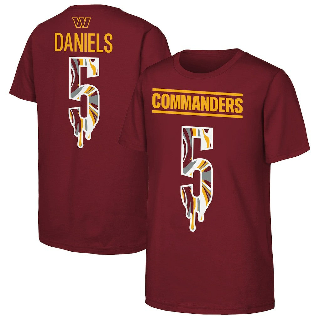 Jayden Daniels Washington Commanders Outerstuff Youth Mainliner Drip Player Name & Number T-Shirt - Burgundy T-shirts