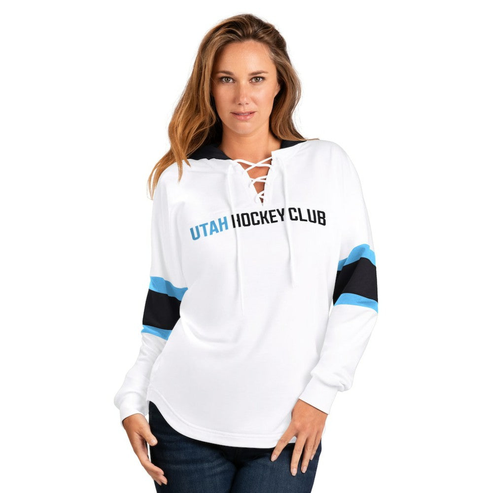 Utah Mammoth G-III 4Her by Carl Banks Women's Goal Zone Long Sleeve Lace-Up Hoodie T-Shirt - White | US 202575879