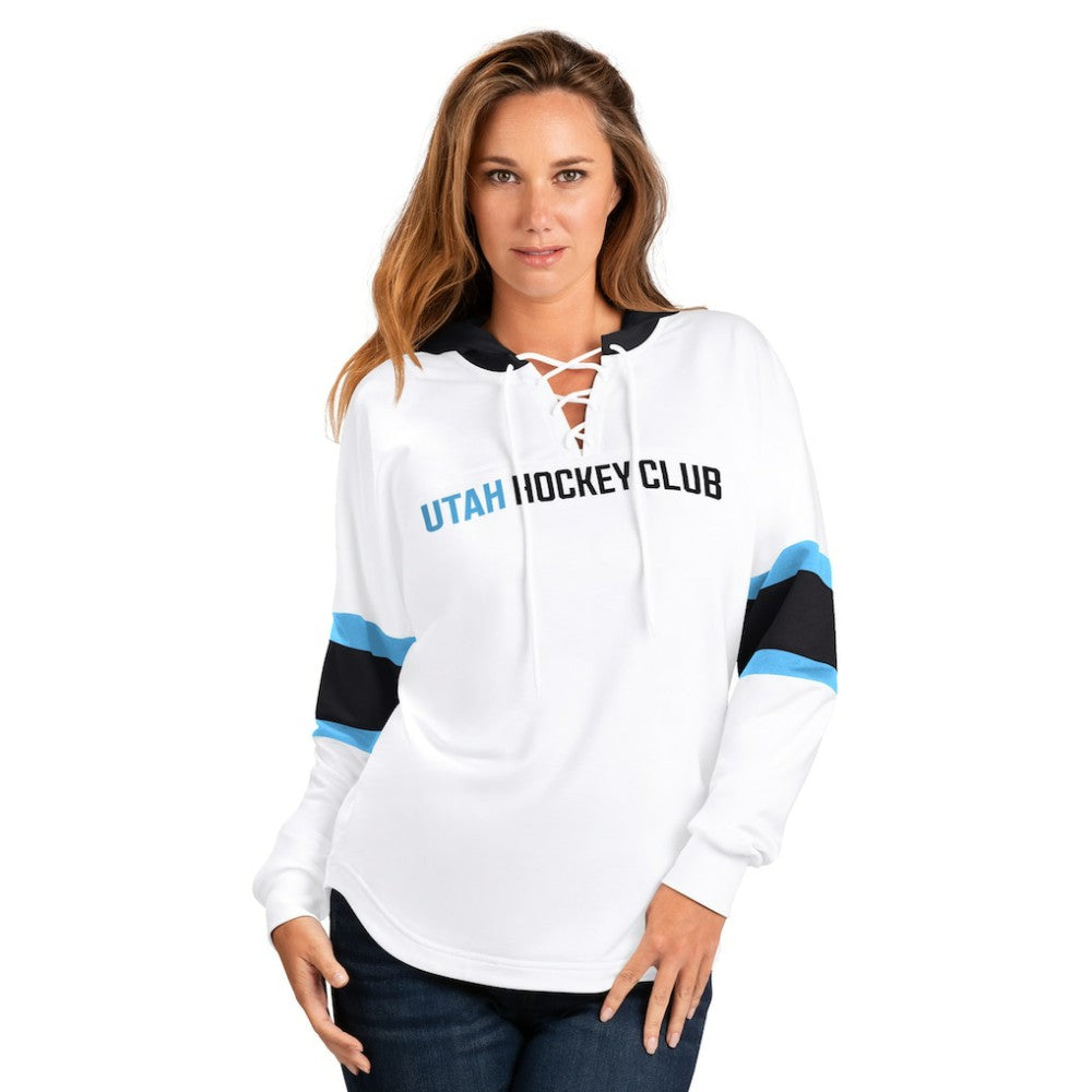 Utah Mammoth G-III 4Her by Carl Banks Women's Goal Zone Long Sleeve Lace-Up Hoodie T-Shirt - White | US 202575879