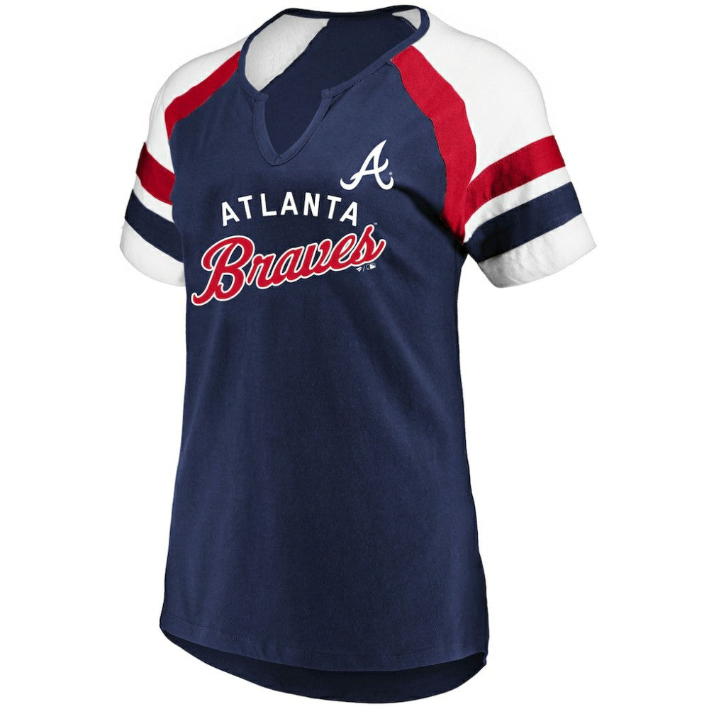 Atlanta Braves Profile Women's Arched Notch Neck T-Shirt - Navy T-shirts