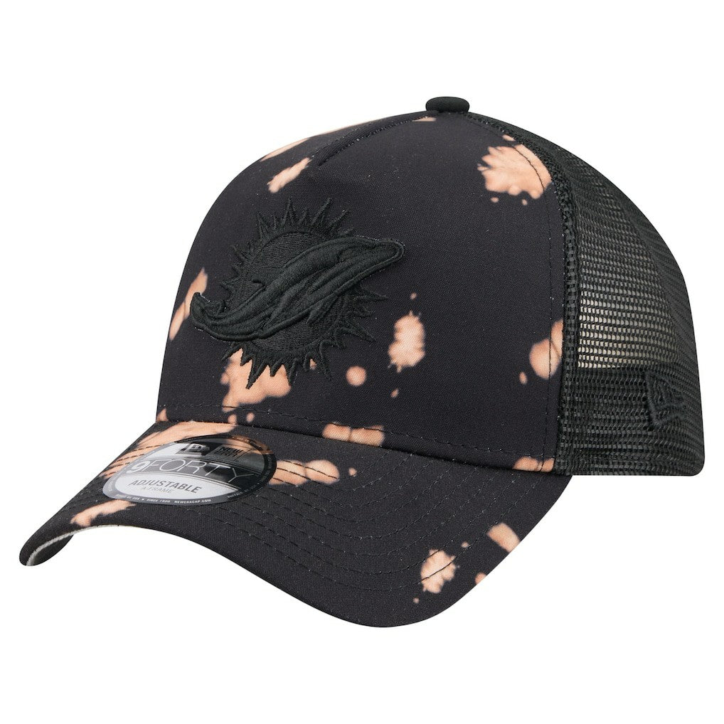 Miami Dolphins New Era Bleached 9FORTY A-Frame Adjustable Hat - Black Hats