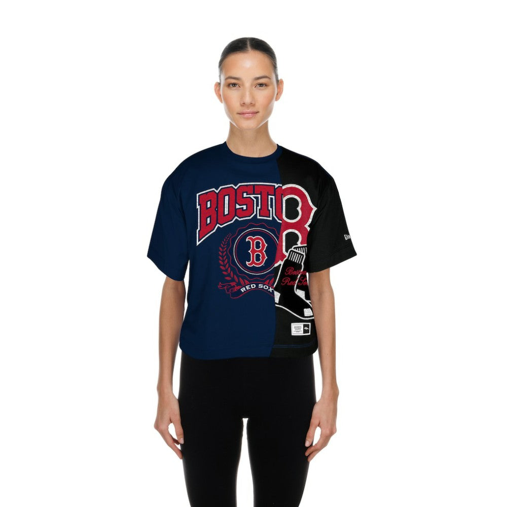 Boston Red Sox New Era Women's Upcycled Colorblocked Boxy Cropped T-Shirt - Navy T-shirts