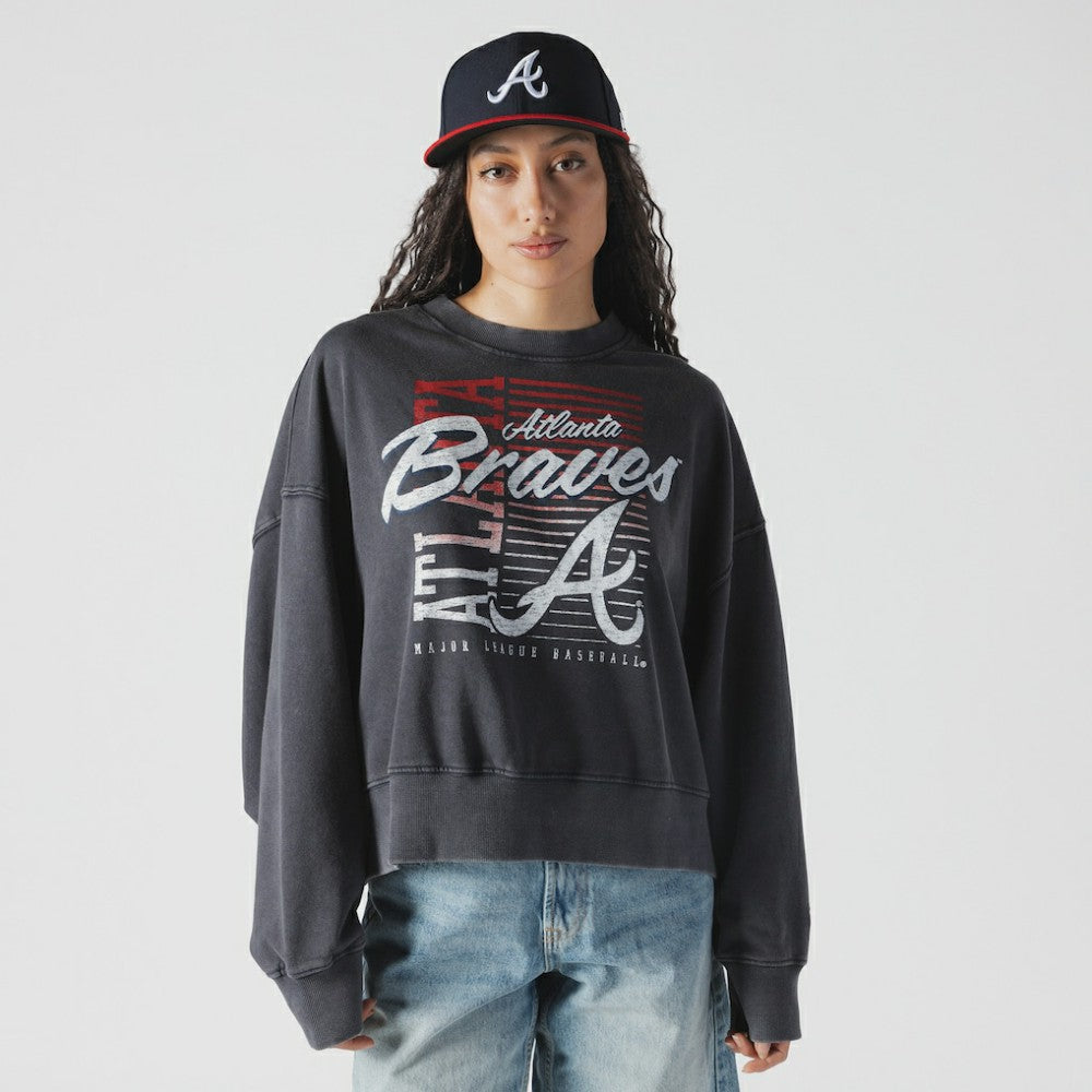 Atlanta Braves New Era Women's Boxy Mineral Wash Dolmen Sleeve Cropped Sweatshirt - Navy Sweatshirts