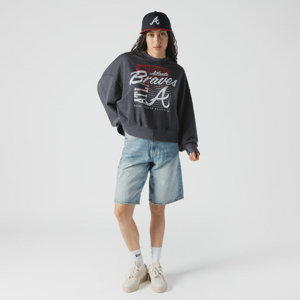 Atlanta Braves New Era Women's Boxy Mineral Wash Dolmen Sleeve Cropped Sweatshirt - Navy Sweatshirts