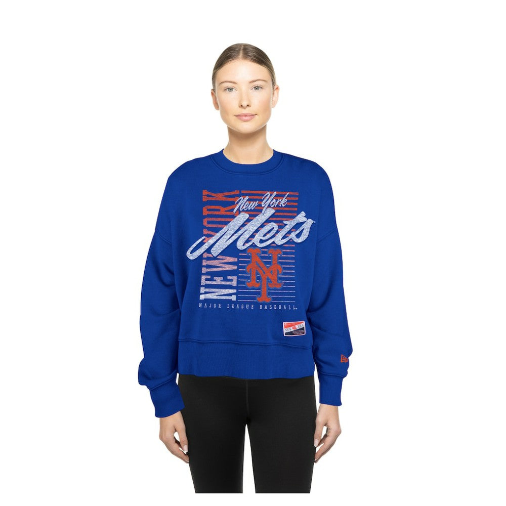 New York Mets New Era Women's Boxy Mineral Wash Dolmen Sleeve Cropped Sweatshirt - Royal Sweatshirts