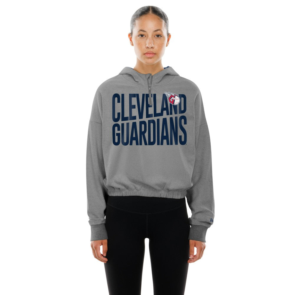 Cleveland Guardians New Era Women's Reversed Out French Terry Quarter-Zip Banded Crop Hoodie - Heather Gray Hoodies