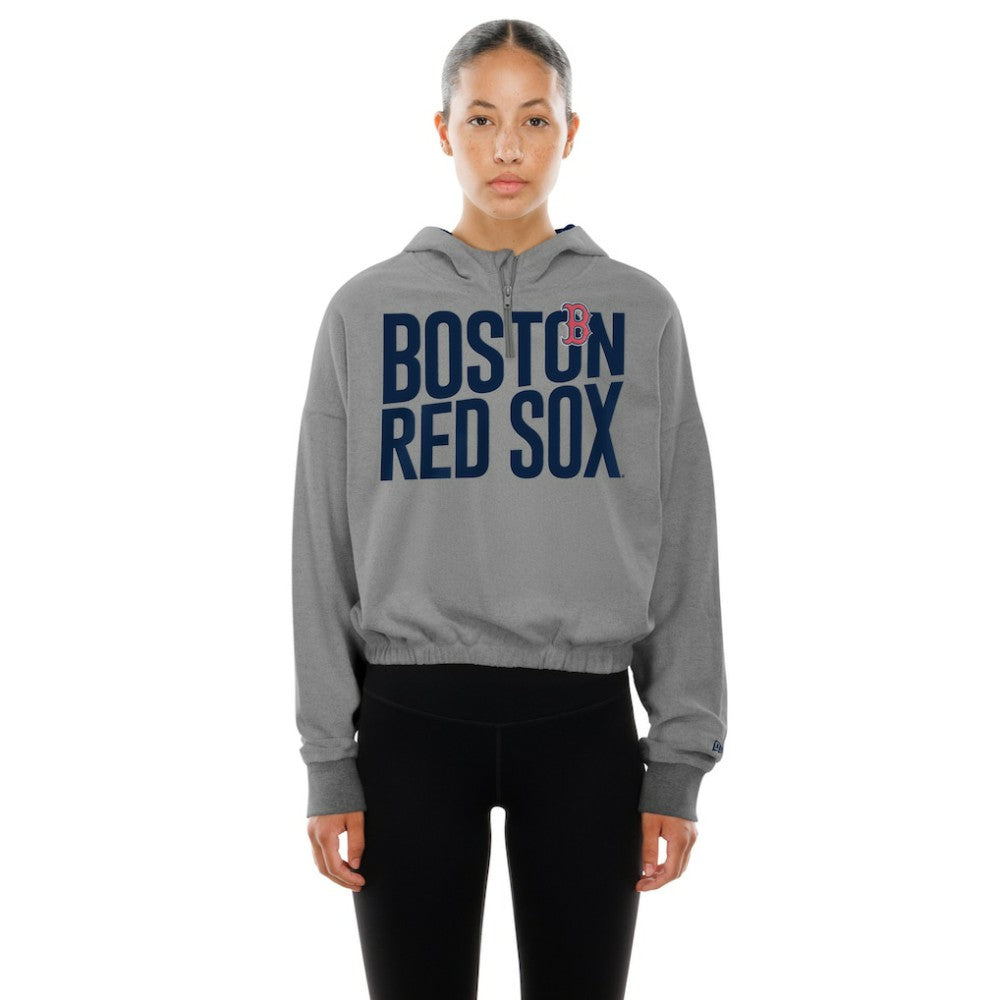 Boston Red Sox New Era Women's Reversed Out French Terry Quarter-Zip Banded Crop Hoodie - Heather Gray Hoodies