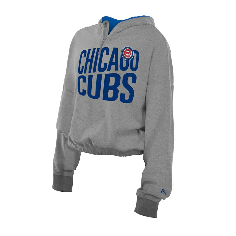 Chicago Cubs New Era Women's Reversed Out French Terry Quarter-Zip Banded Crop Hoodie - Heather Gray Hoodies