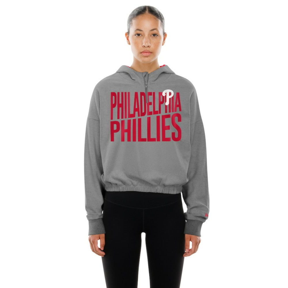 Philadelphia Phillies New Era Women's Reversed Out French Terry Quarter-Zip Banded Crop Hoodie - Heather Gray Hoodies