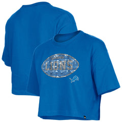 Detroit Lions New Era Girl's Flip Sequin Boxy T-Shirt - Blue T-shirts