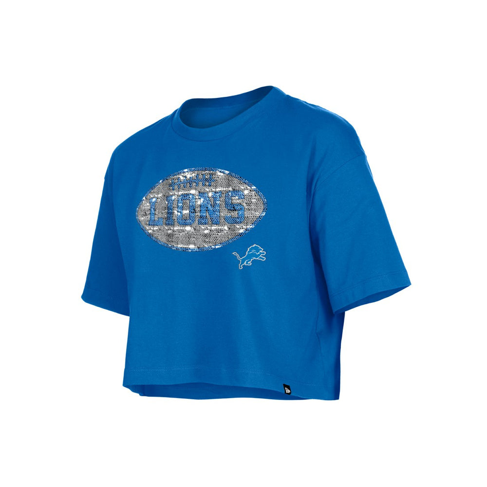 Detroit Lions New Era Girl's Flip Sequin Boxy T-Shirt - Blue T-shirts