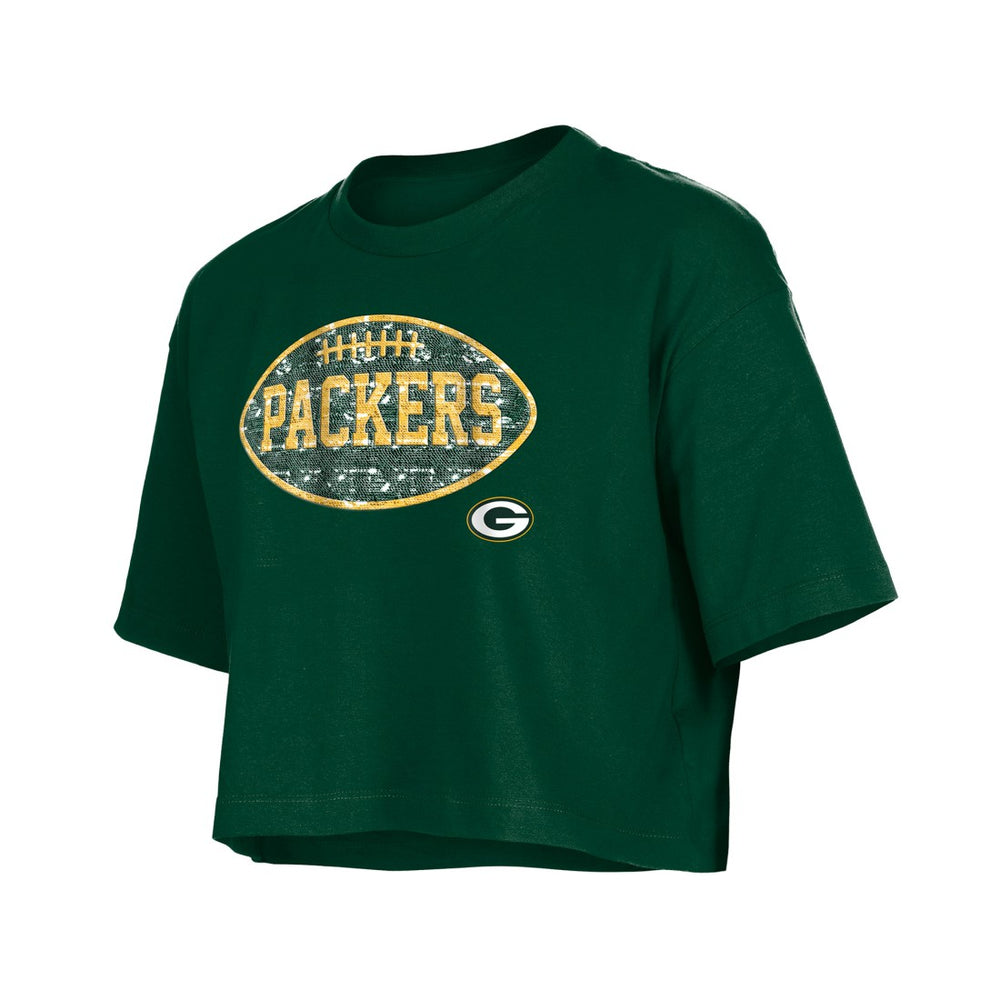 Green Bay Packers New Era Girl's Flip Sequin Boxy T-Shirt - Green T-shirts