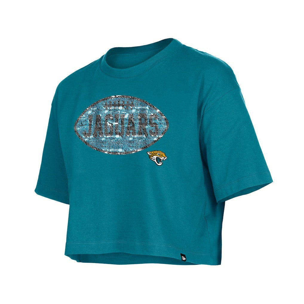 Jacksonville Jaguars New Era Girl's Flip Sequin Boxy T-Shirt - Teal T-shirts