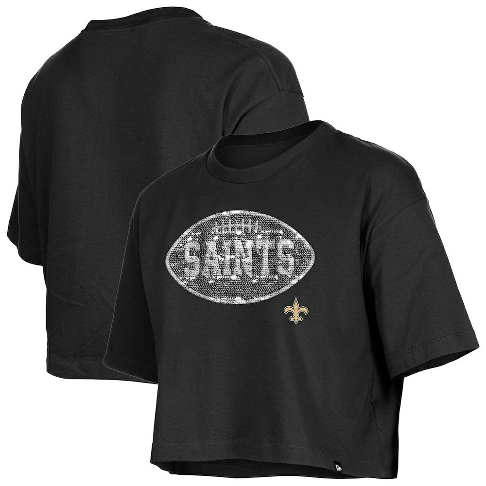 New Orleans Saints New Era Girl's Flip Sequin Boxy T-Shirt - Black T-shirts