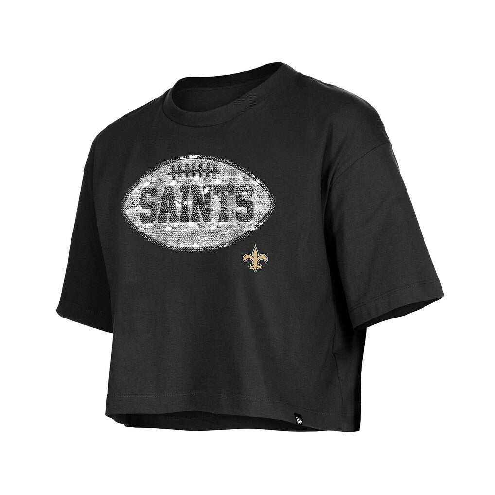 New Orleans Saints New Era Girl's Flip Sequin Boxy T-Shirt - Black T-shirts