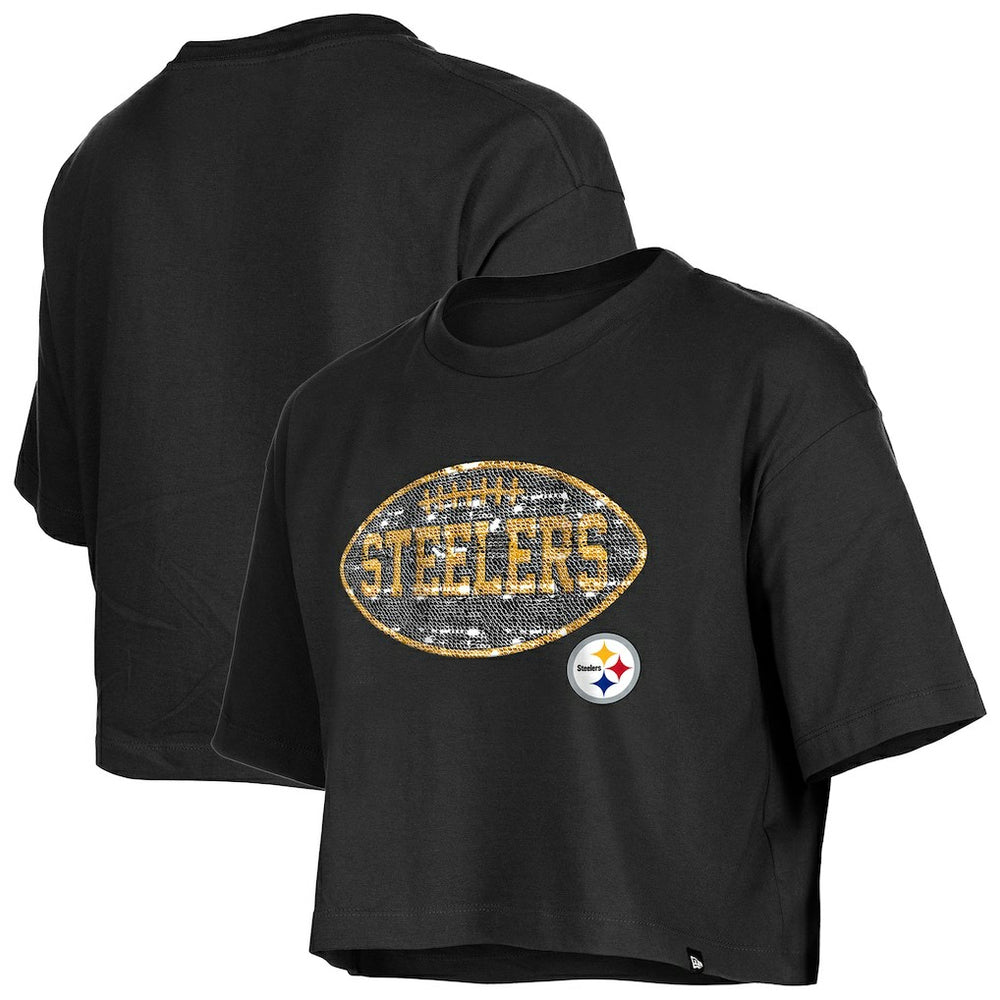 Pittsburgh Steelers New Era Girl's Flip Sequin Boxy T-Shirt - Black T-shirts