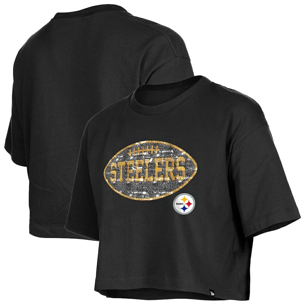 Pittsburgh Steelers New Era Girl's Flip Sequin Boxy T-Shirt - Black T-shirts