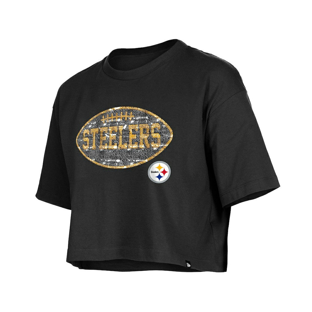 Pittsburgh Steelers New Era Girl's Flip Sequin Boxy T-Shirt - Black T-shirts